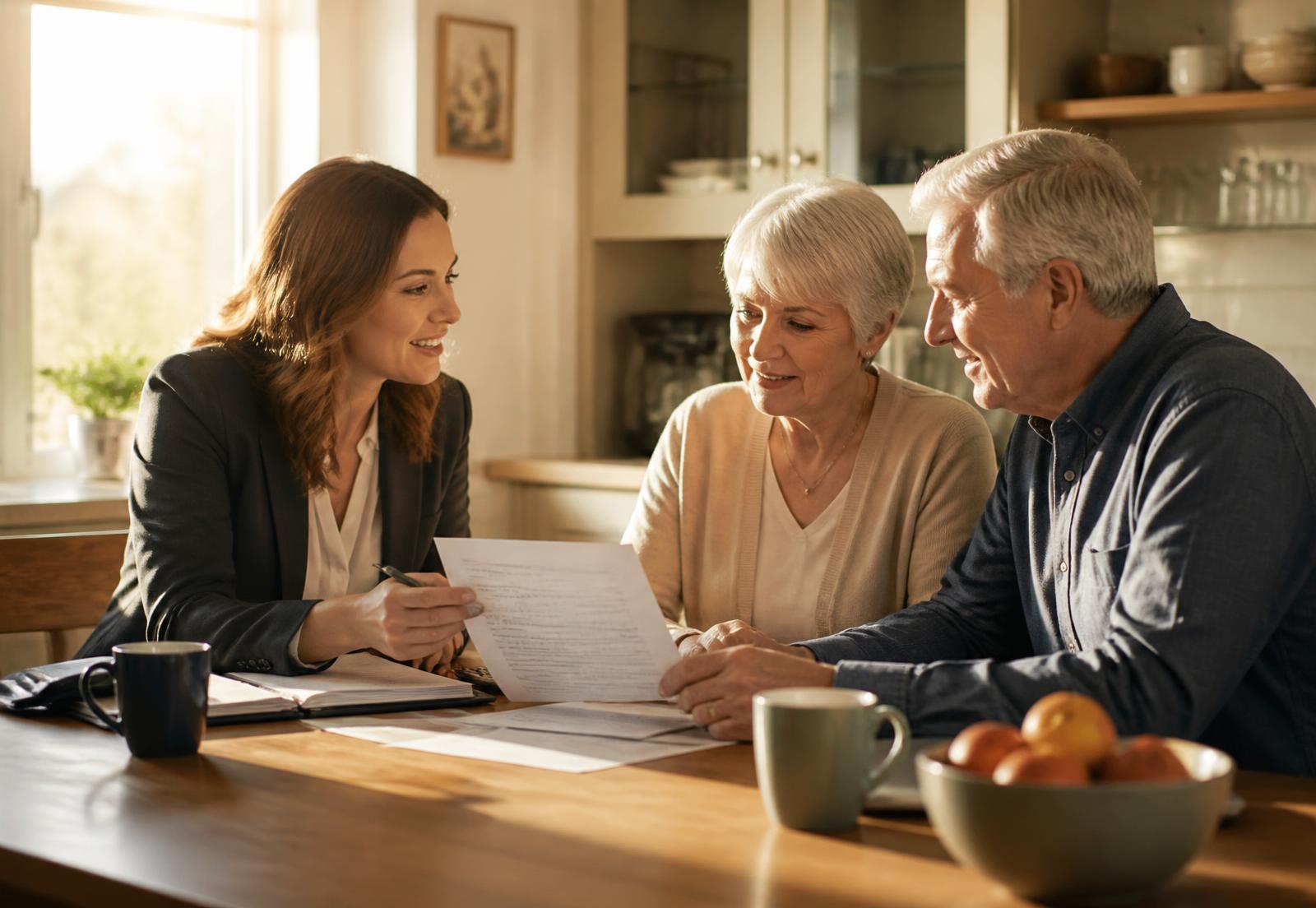 An Equity Quest advisor reviewing surplus funds paperwork with a homeowner couple at their kitchen table